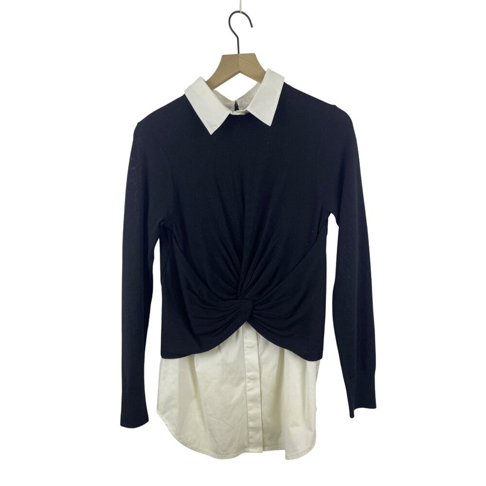Veronica Beard Women's Small Phoebe Mixed Media Wool Twofer Layered Shirt Black - Picture 1 of 9